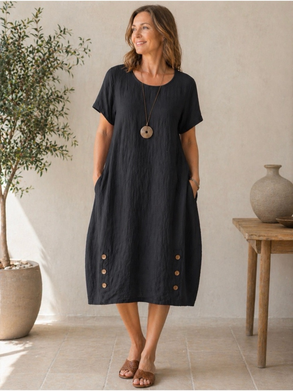 Boho Lagenlook Black Short-Sleeve Cotton Midi Dress with Button Accents S/M